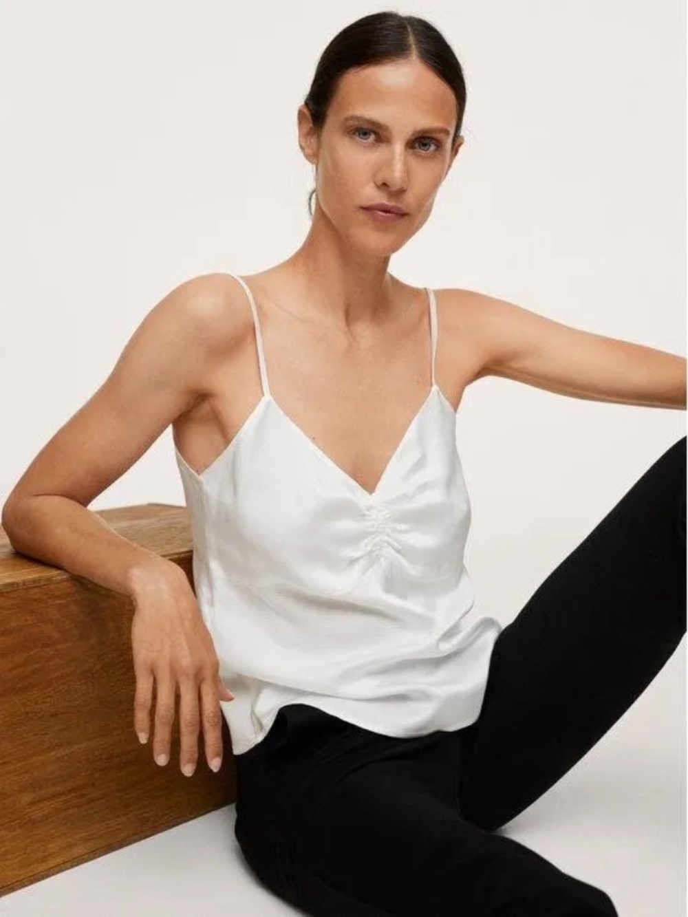 MANGO Off-White Satin Ruched Front Spaghetti Strap Cami Top L